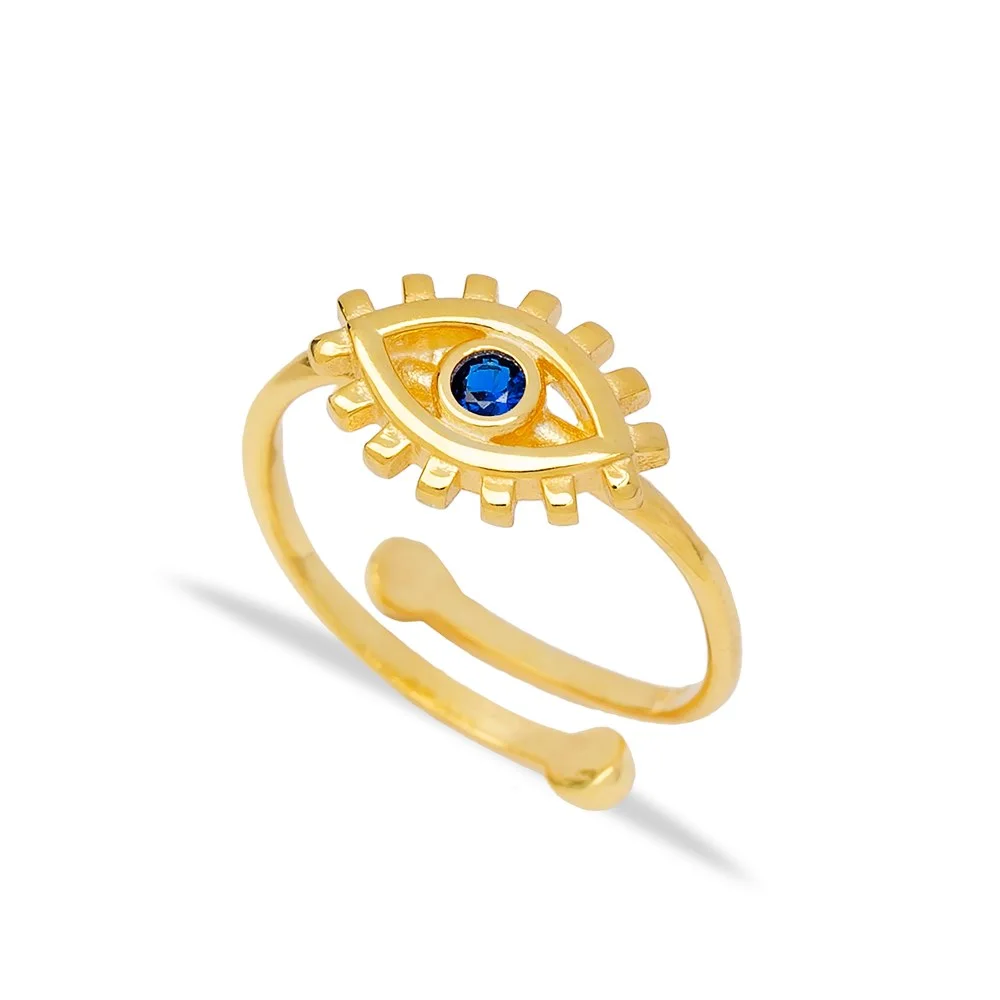 Trendy Dainty Sapphire Stone Evil Eye Shape Wholesale Turkish 925 Silver Sterling Adjustable Ring