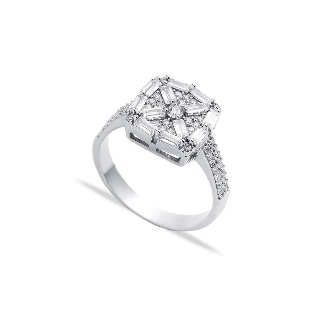 Square Design Baguette CZ Silver Cluster Engagement Ring