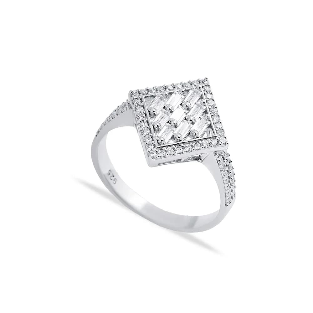 Square Shape Baguette CZ Silver Engagement Cluster Ring