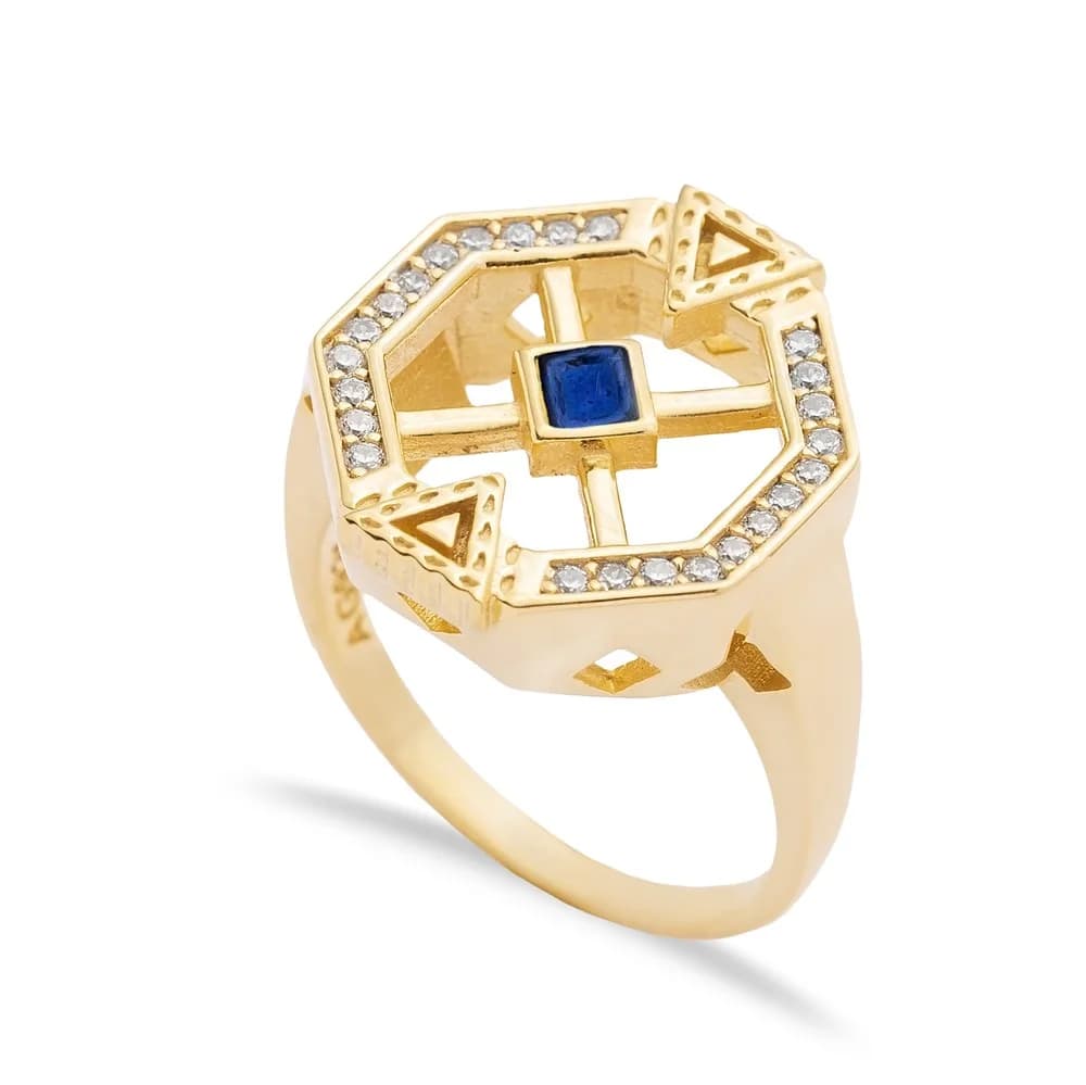Sapphire CZ Geometric Design Cluster Silver Ring Jewelry