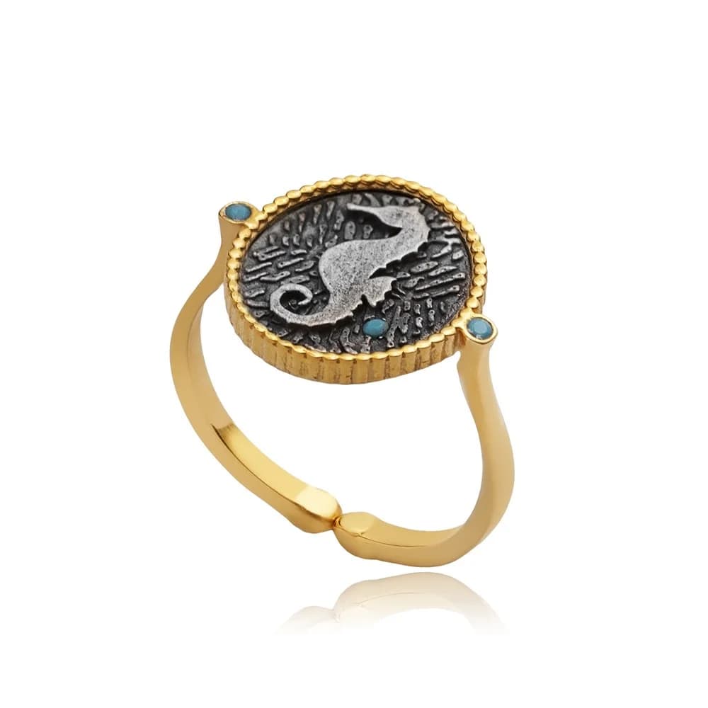 Turquoise CZ Seahorse Antic Silver Ring