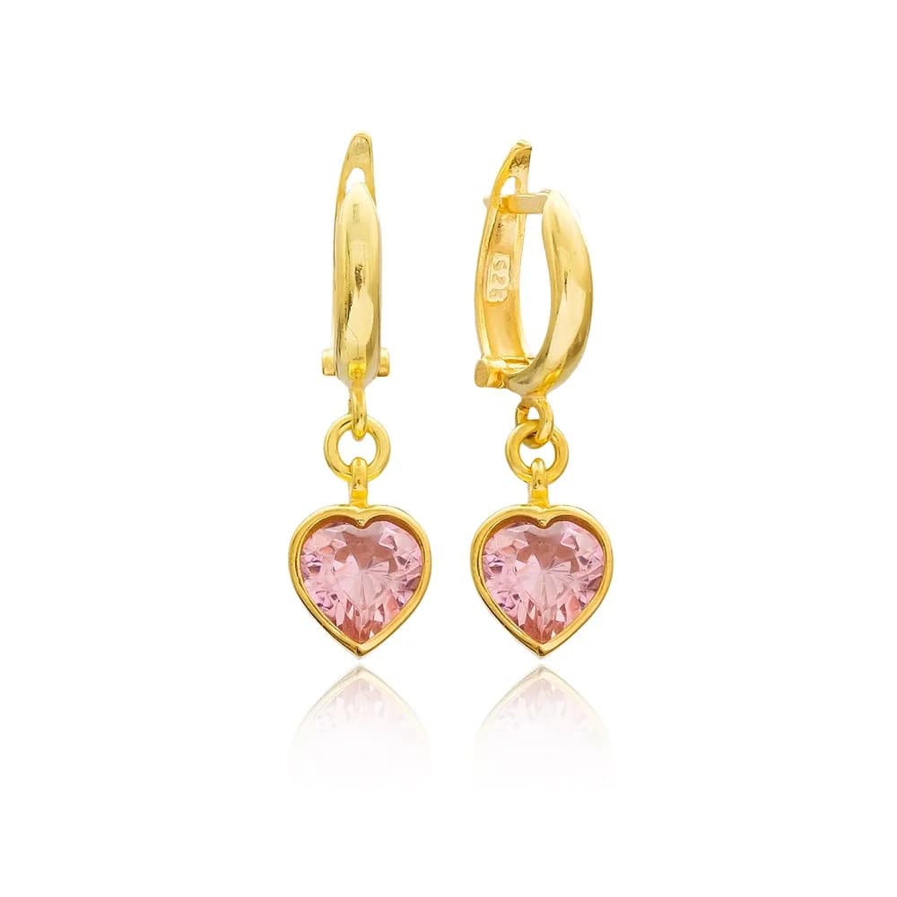 Heart Shape Pink Stone Turkish Wholesale Handmade 925 Sterling Silver Dangle Earrings