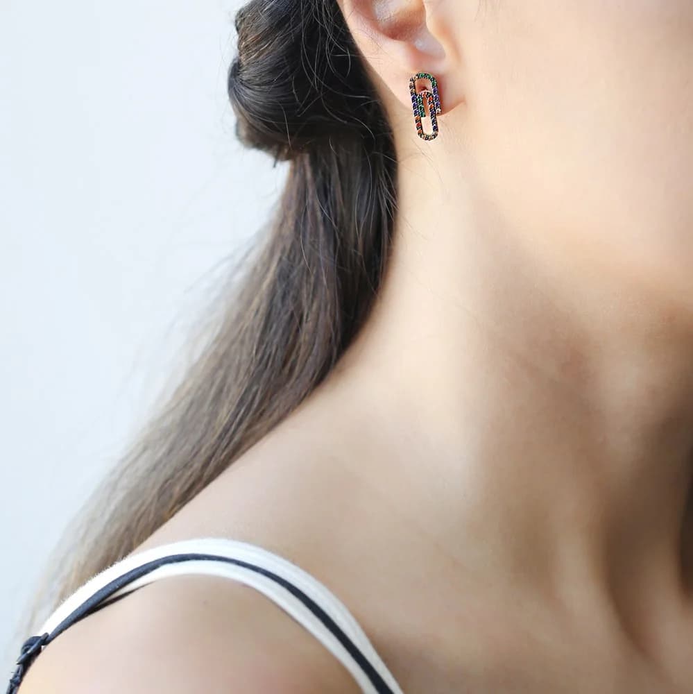 Rainbow Stone Paperclip Design Stud Earrings Turkish Wholesale 925 Sterling Silver Jewelry
