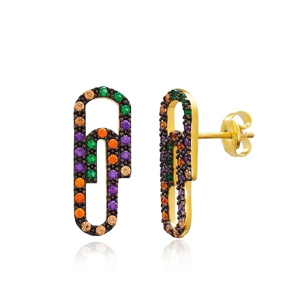 Rainbow Stone Paperclip Design Stud Earrings Turkish Wholesale 925 Sterling Silver Jewelry