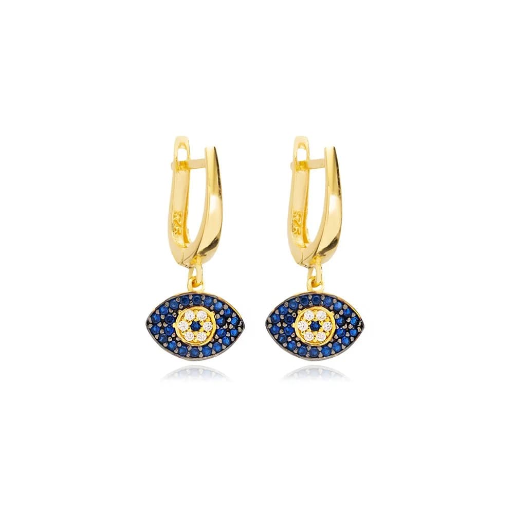 Sapphire Stone Minimalist Evil Eye Design Turkish Wholesale Handmade 925 Sterling Silver Dangle Earrings
