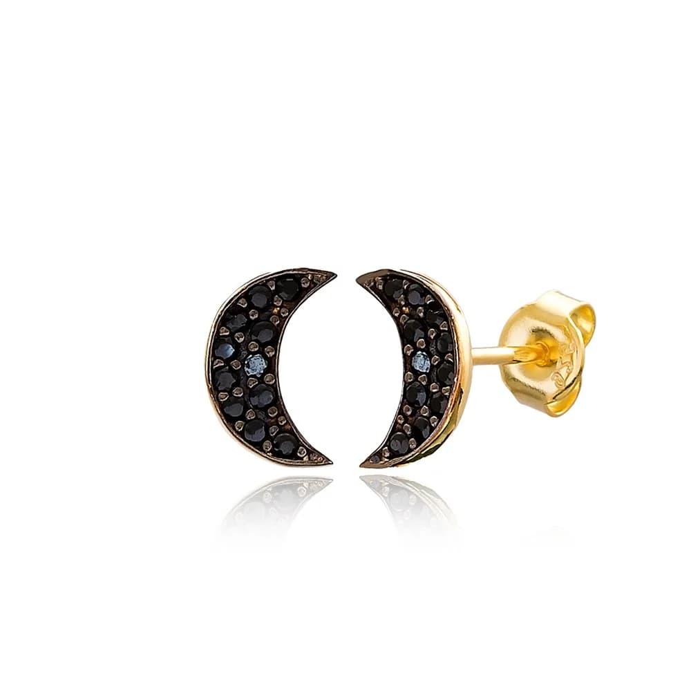 Black Stone Moon Design Stud Earrings