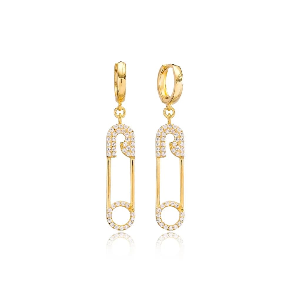 Trendy Safety Pin Zircon Dangle Earrings Wholesale Turkish Handmade 925 Sterling Silver Jewelry