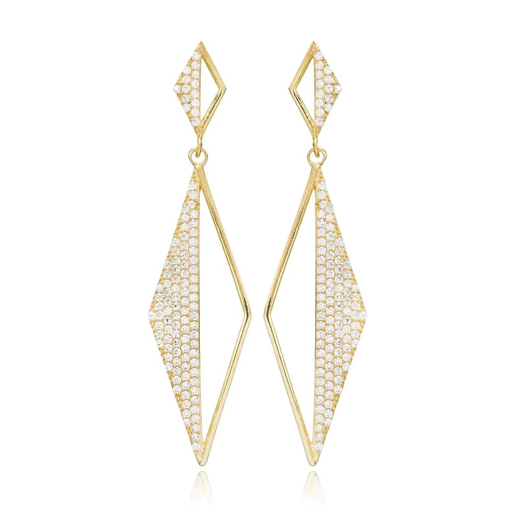 Rhomb Zircon Stone Design Long Earrings Turkish Wholesale Sterling Silver Jewelry