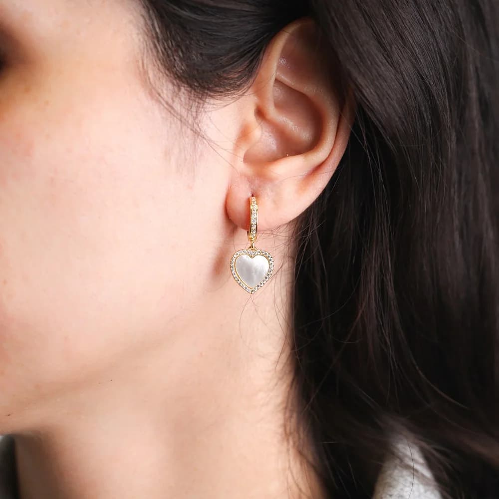 Mother Of Pearl Heart Design Zircon Stone Dangle Earrings Turkish Wholesale Sterling Silver Jewelry