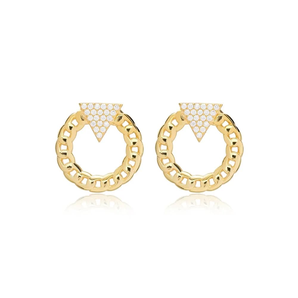 Triangle Link Chain Hollow Design Stud Earrings 925 Sterling Silver Jewelry