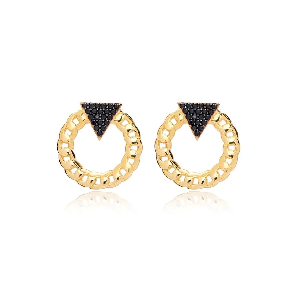 Black Zircon Triangle Link Chain Hollow Stud Earring 925 Sterling Silver Jewelry