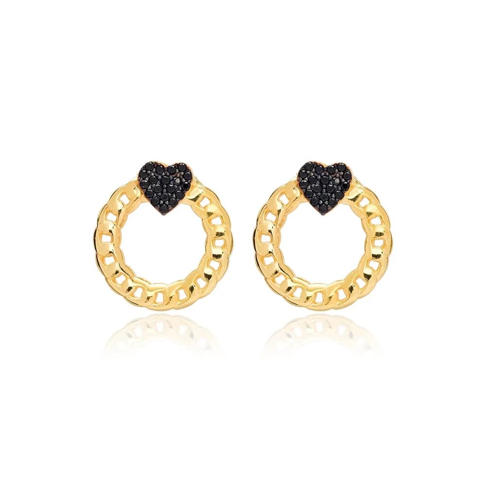 Black Zircon Heart Link Chain Hollow Stud Earring 925 Sterling Silver Jewelry