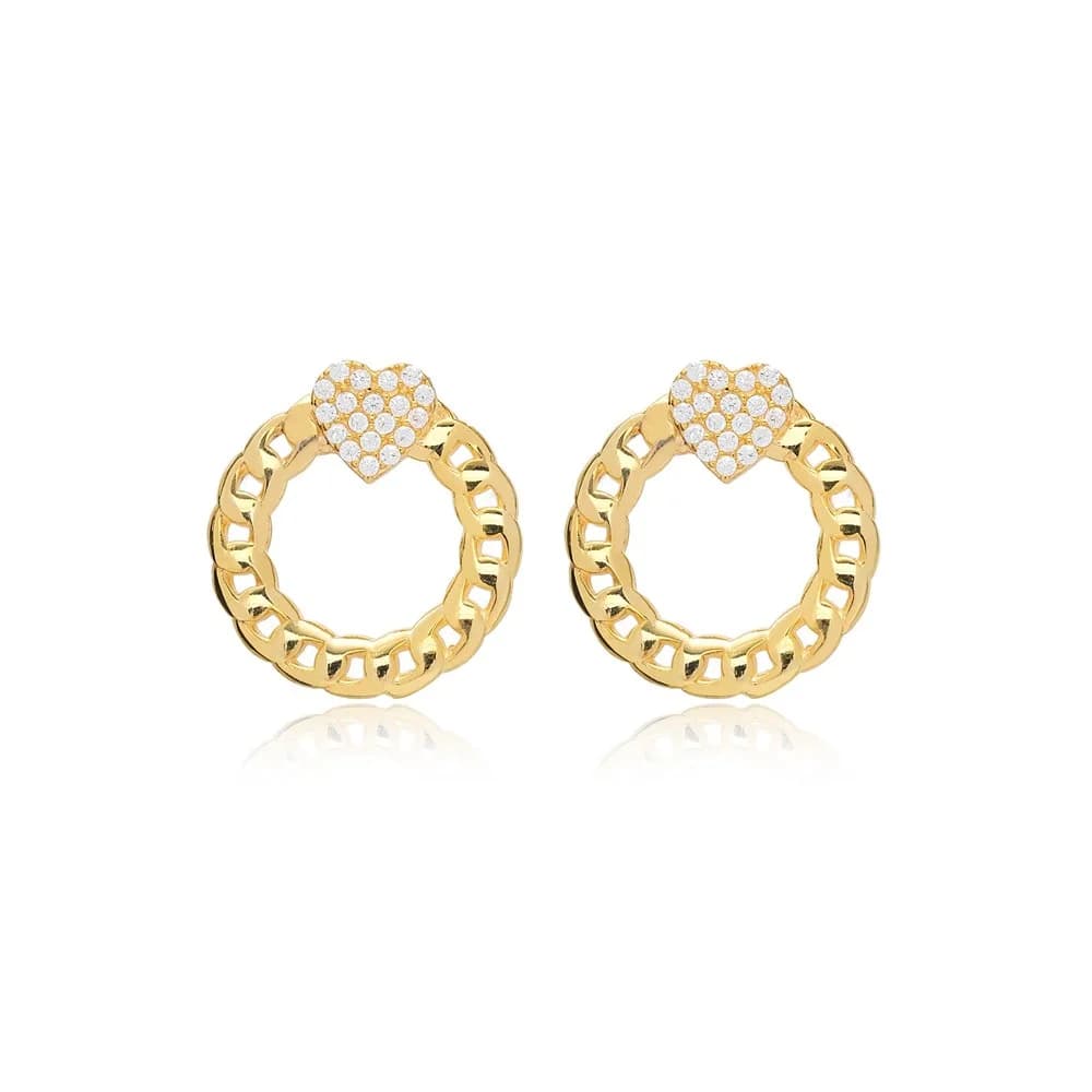 Zircon Heart Link Chain Hollow Stud Earrings 925 Sterling Silver Jewelry