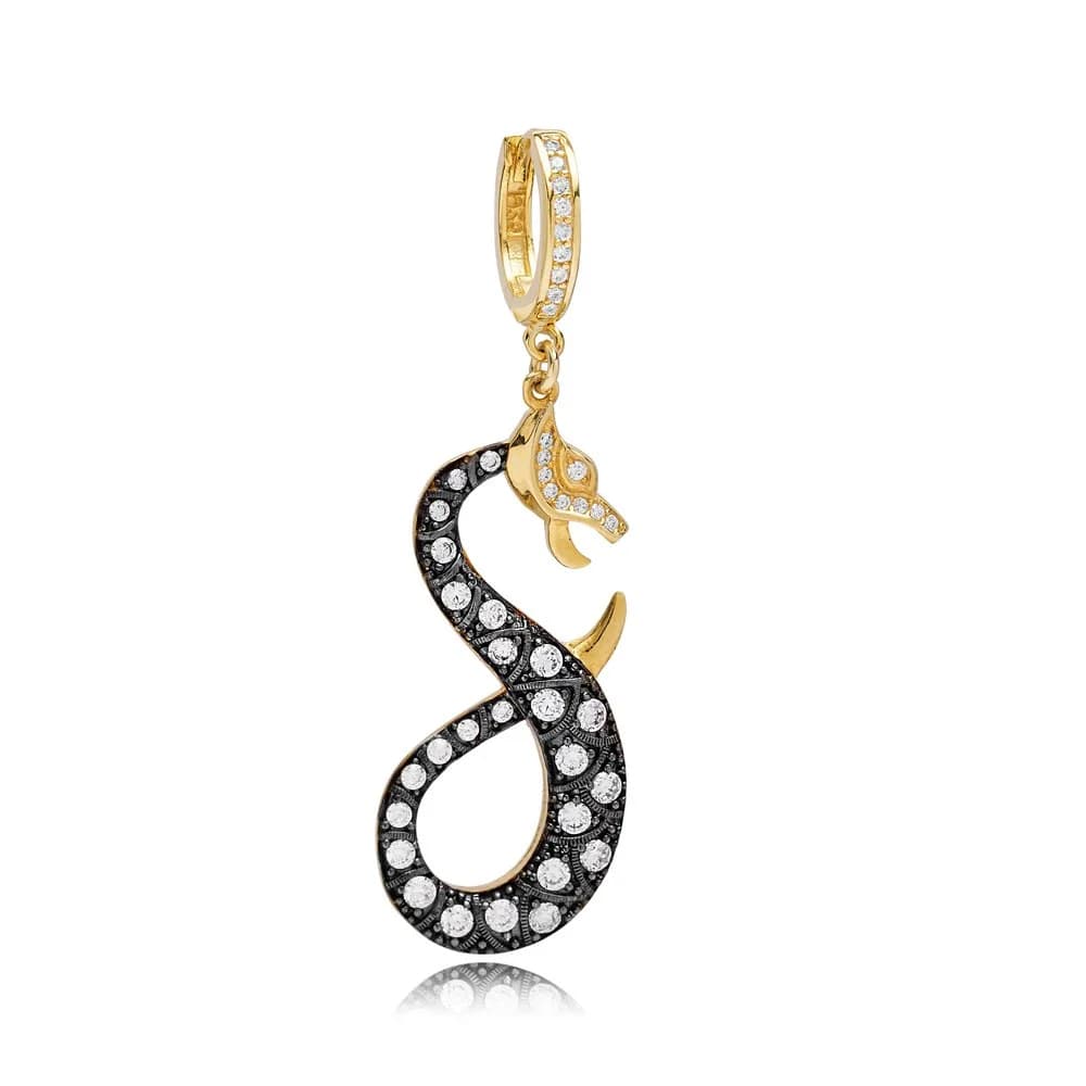 Snake Design Zircon Dangle Single Earrings Turkish Handmade 925 Sterling Silver Jewelry