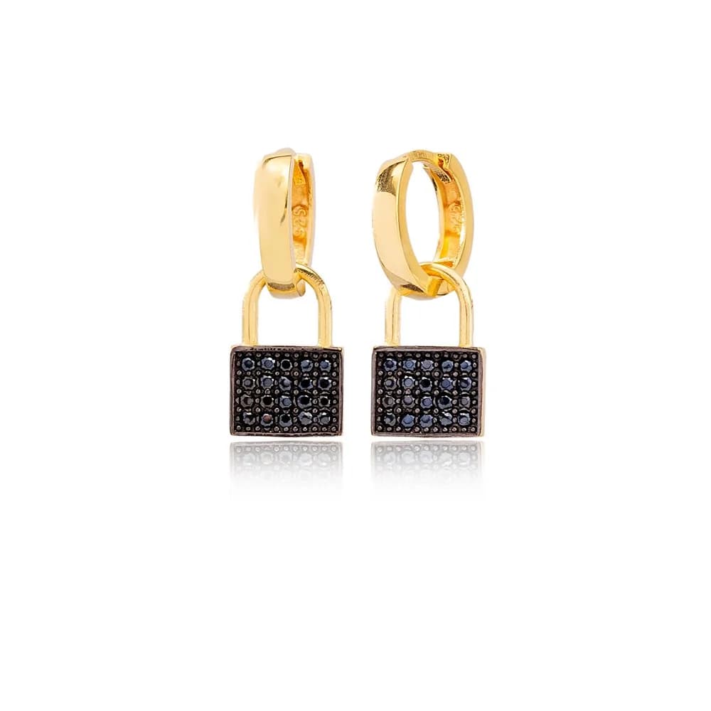 Black Zircon Padlock Design Ø12mm Hoop Dangle Earrings Turkish Wholesale Handmade 925 Sterling Silver Jewelry