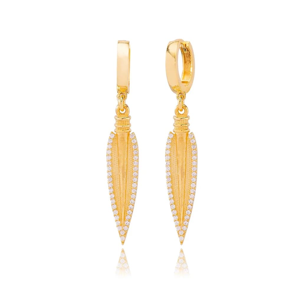 Spear Design Zircon Stone Ø 12mm Hoop Dangle Earrings Turkish Wholesale Handmade 925 Sterling Silver Jewelry