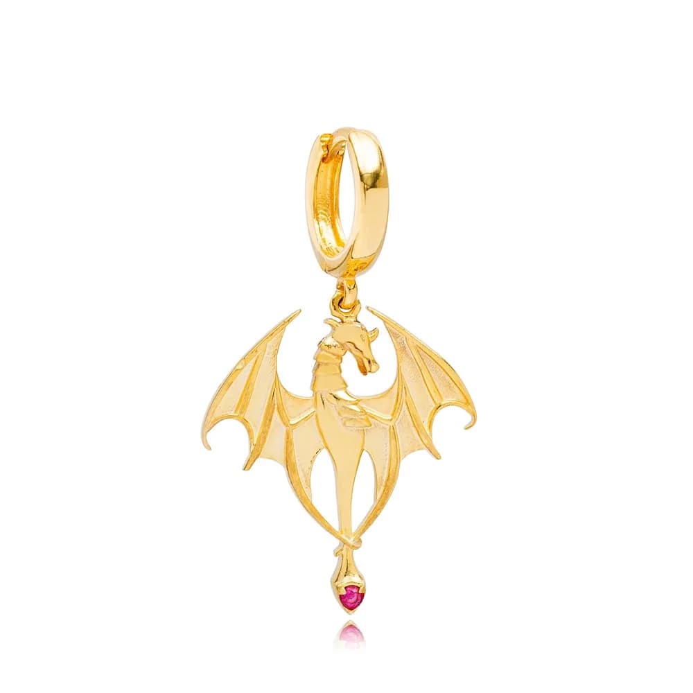 Trendy Dragon Ruby Stone Charm 12mm Hoop Single Earrings Handmade Turkish Wholesale 925 Sterling Silver Jewelry