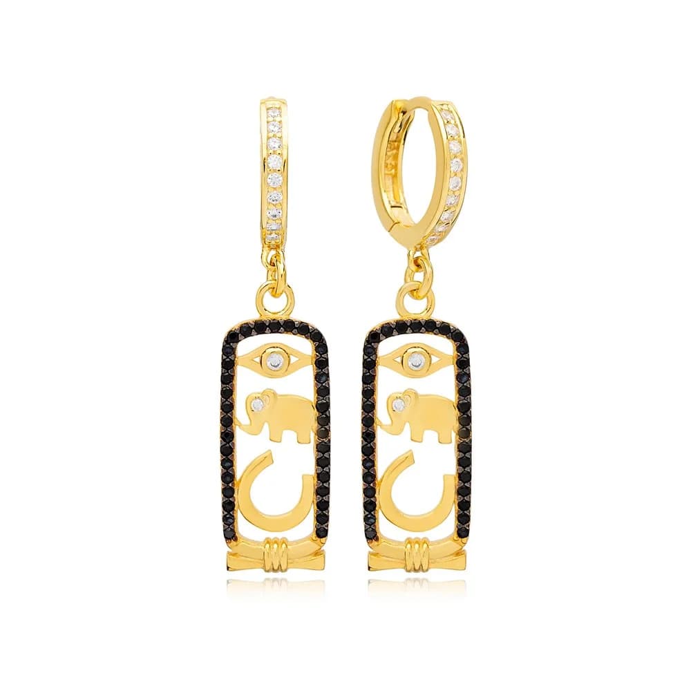 Trendy Black Zircon Framed Figurative Design Turkish Wholesale Handmade 925 Sterling Silver Dangle Earrings