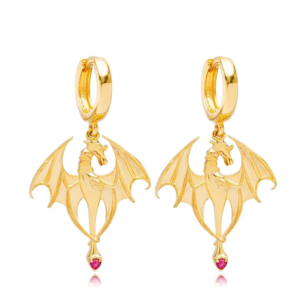 Trendy Interesting Dragon Ruby Stone Wholesale Handmade Turkish 925 Sterling Silver Dangle Animal Earrings
