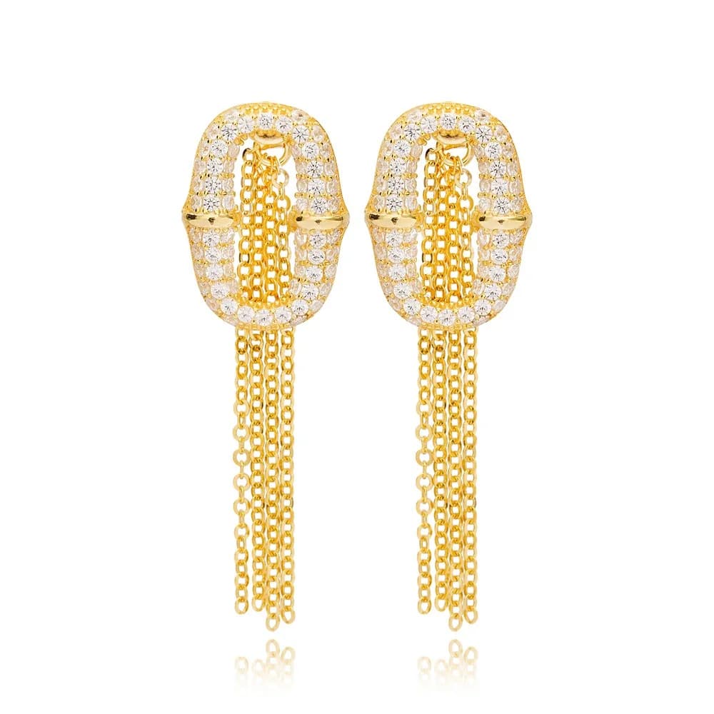 Geometric Clear Stone Tassel Design Earrings Turkish Handmade 925 Sterling Silver Jewelry