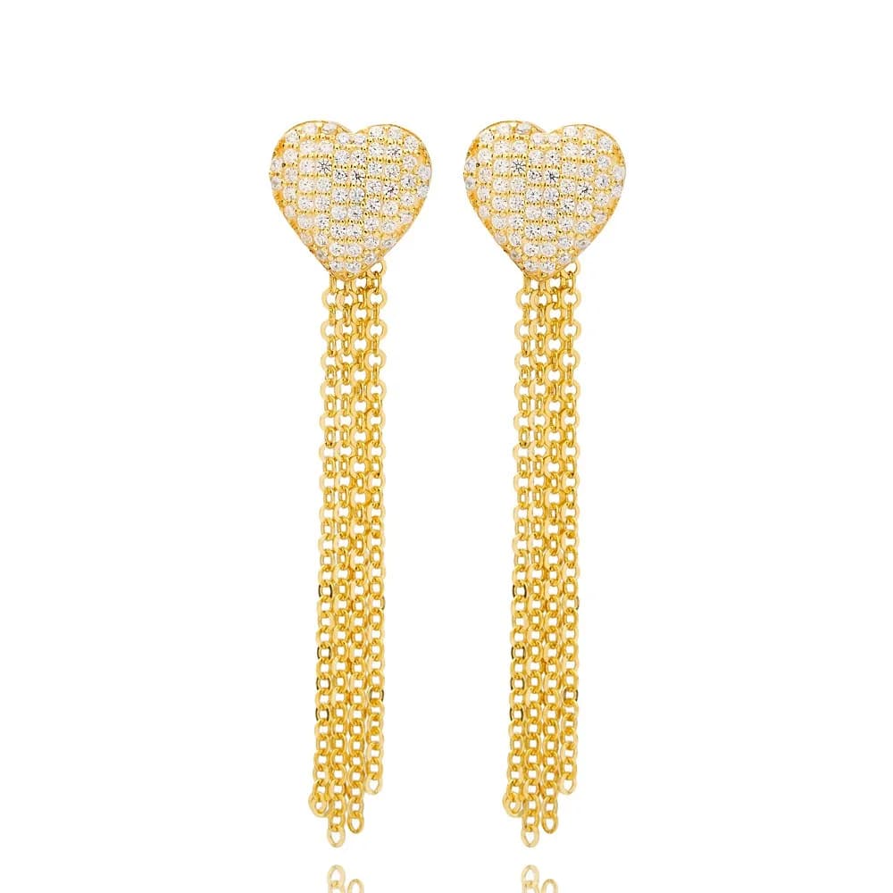 Dainty Heart Tassel Design Zircon Stone Jewelry Turkish Handmade 925 Sterling Silver Earrings