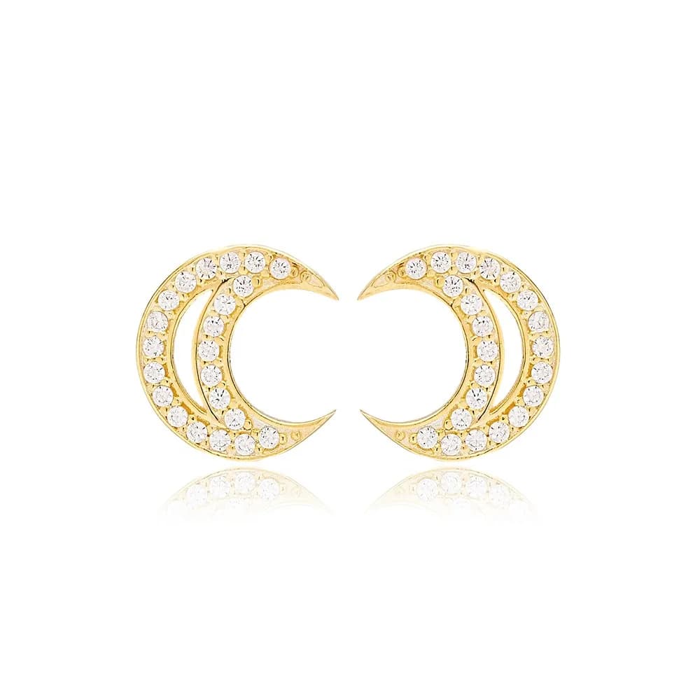 Delicate Moon Design Minimalist Charm Stud Earrings Turkish Wholesale Handmade 925 Sterling Silver Jewelry