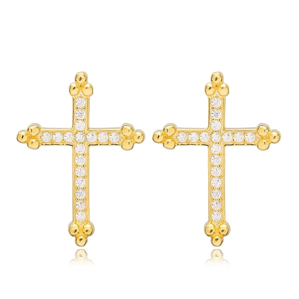 CZ Stone Cross Design Jewelry Turkish Wholesale Handcrafted 925 Sterling Silver Women Stud Earrings