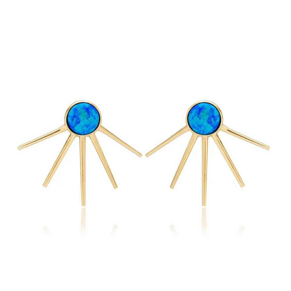 Popular Blue Opal Unique Stud Earrings Turkish Wholesale Handmade 925 Sterling Silver Jewelry