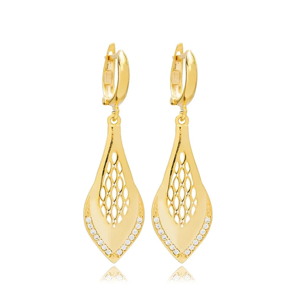 Pear Shape Perforated Design Dangle Earrings 925 Sterling Silver Turkish Handmade Wholesale Jewelry