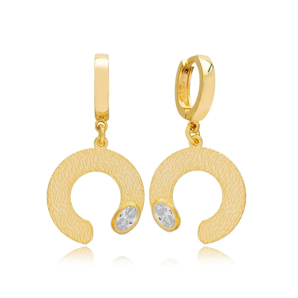Dainty Half Circle Shape Clear Shiny Zircon Stone Dangle Earrings 925 Sterling Silver Textured Jewelry