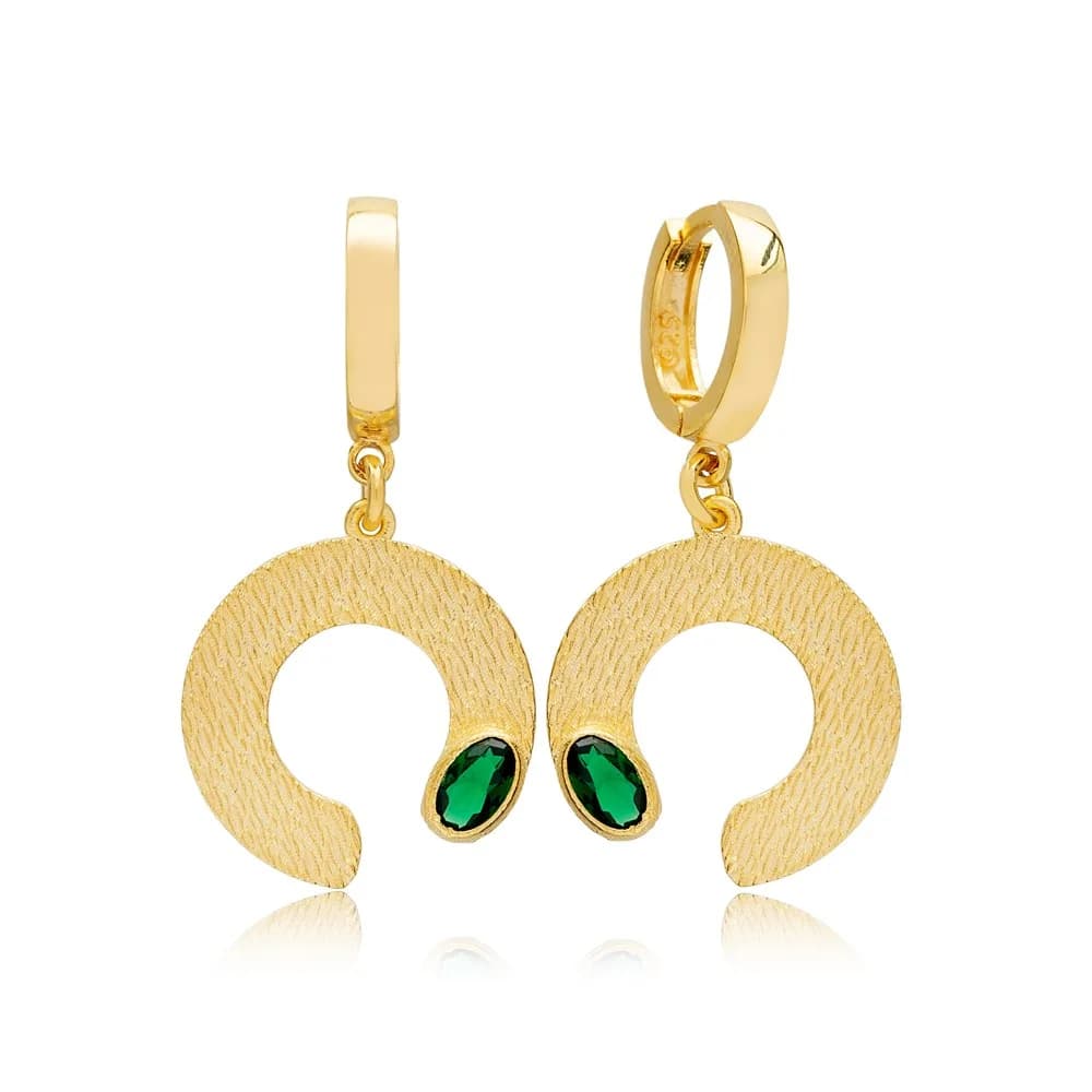 New Fashion Elegant Half Circle Shape Emerald Stone Dangle Earrings 925 Sterling Silver Textured Jewelry