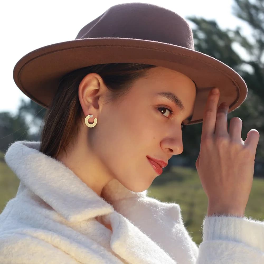 Trendy Half Circle Shape Clear Zircon Stone Stud Earrings 925 Sterling Silver Textured Jewelry
