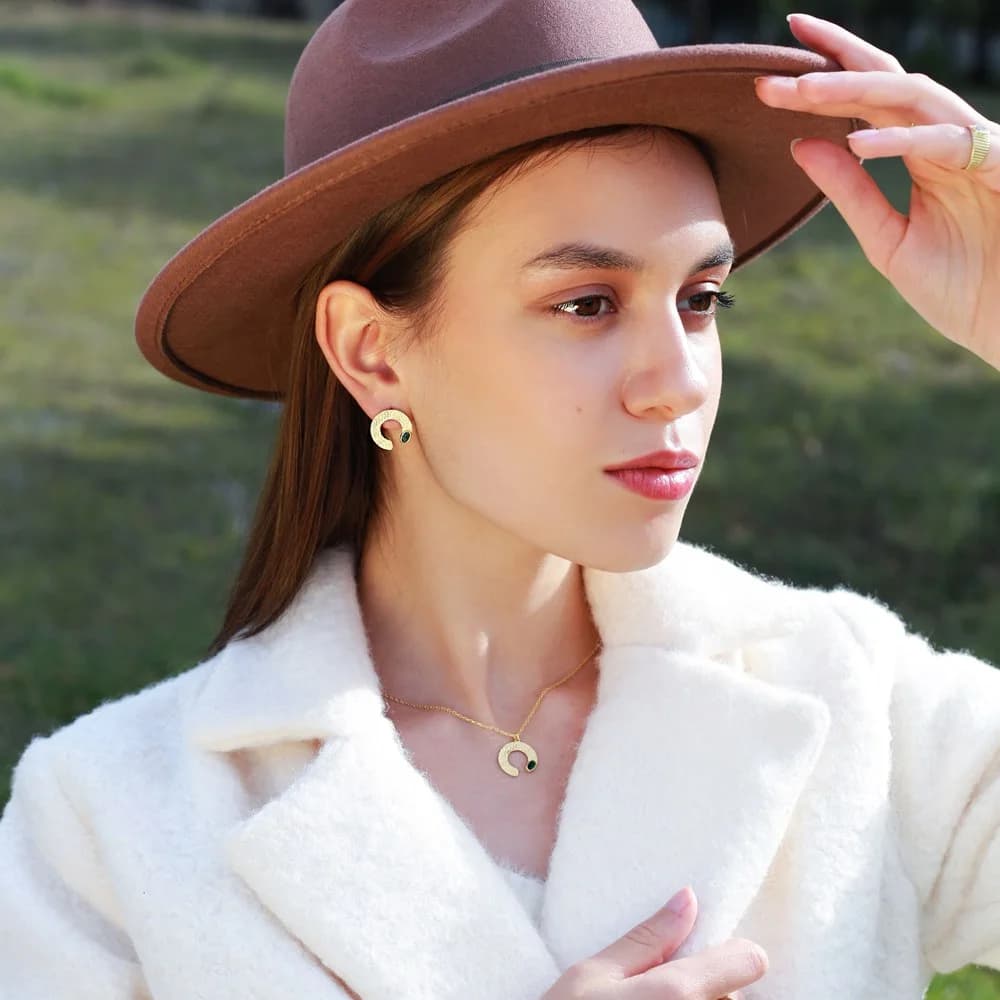 New Trendy Half Circle Shape Emerald Stone Stud Earrings Turkish Wholesale 925 Sterling Textured Jewelry