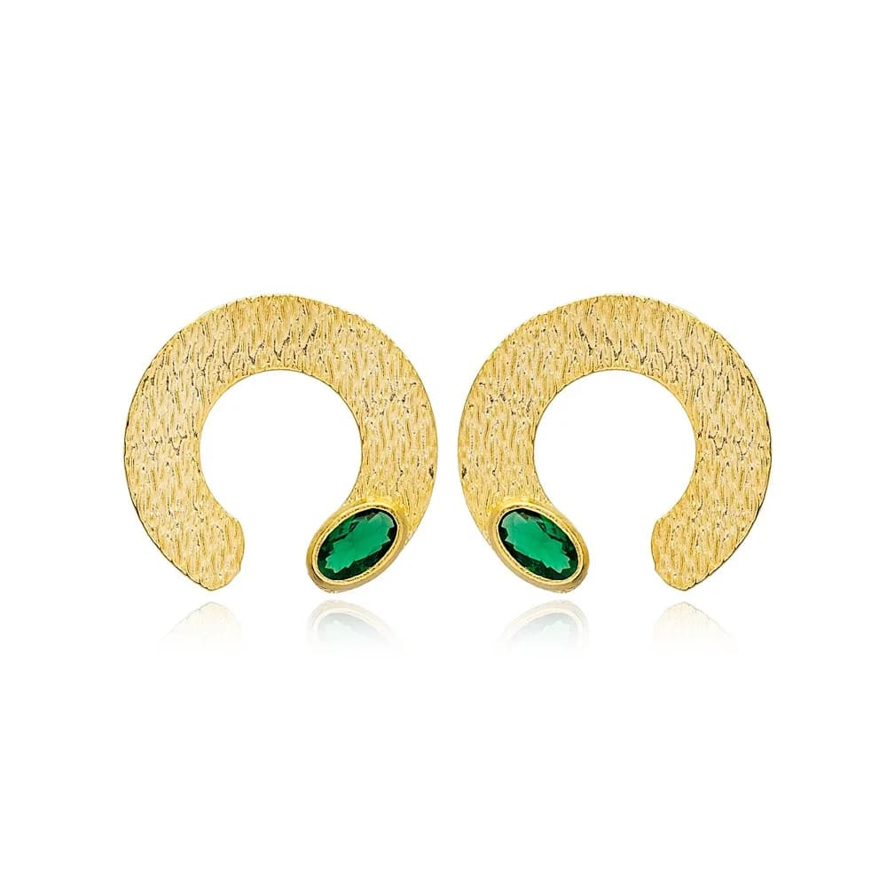 New Trendy Half Circle Shape Emerald Stone Stud Earrings Turkish Wholesale 925 Sterling Textured Jewelry