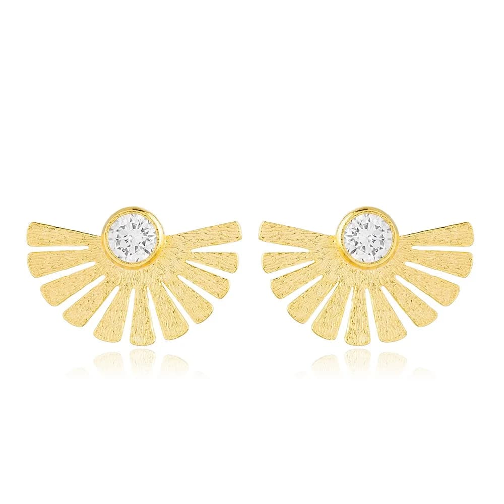 Minimalist Fan Shaped Dainty Stud Earrings Shiny Clear Zircon Stone Handmade 925 Sterling Silver Jewelry