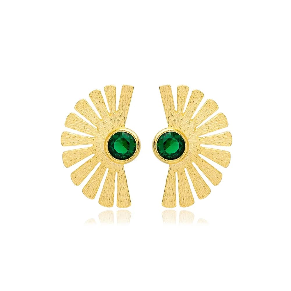 Emerald Stone Fan Shaped Dainty Stud Earrings Handcrafted 925 Sterling Silver Jewelry