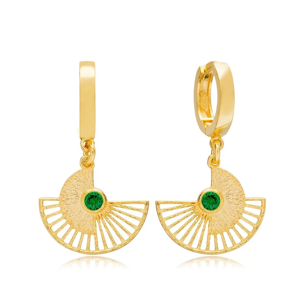 New Design Unique Fan Shaped Dangle Earrings Emerald Stone Turkish Handmade 925 Sterling Silver Jewelry