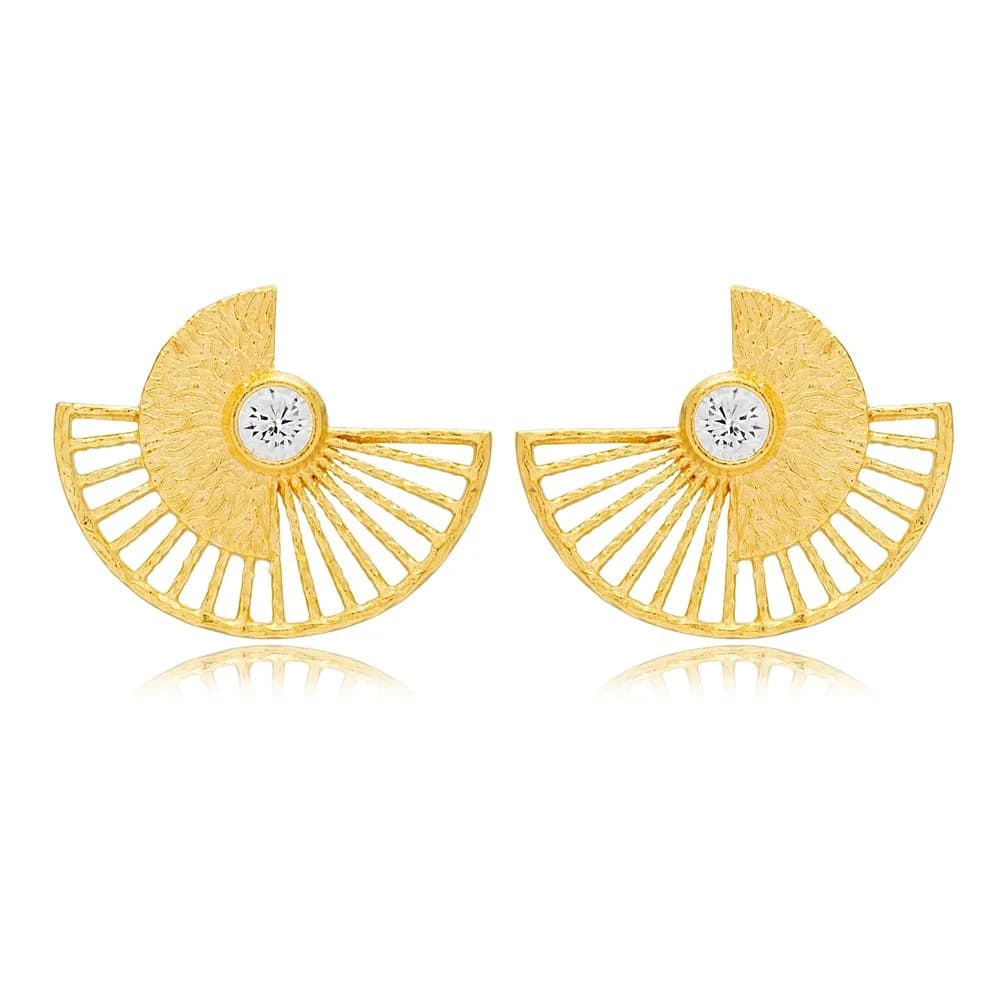 Unique Fan Shaped Design Stud Earrings White Zircon Stone Turkish Handmade 925 Sterling Silver Jewelry