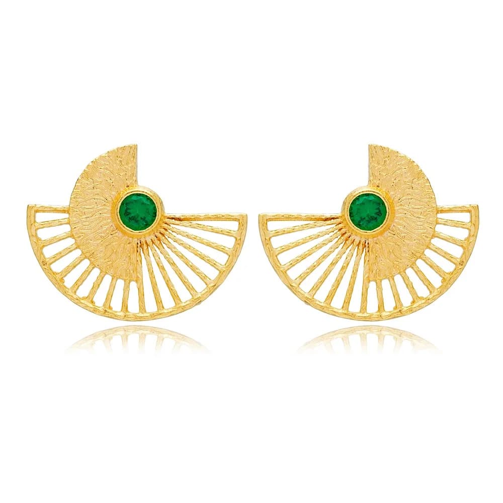 Emerald Round Shape Stone Unique Fan Shaped Stud Earrings Turkish Handmade 925 Sterling Silver Jewelry