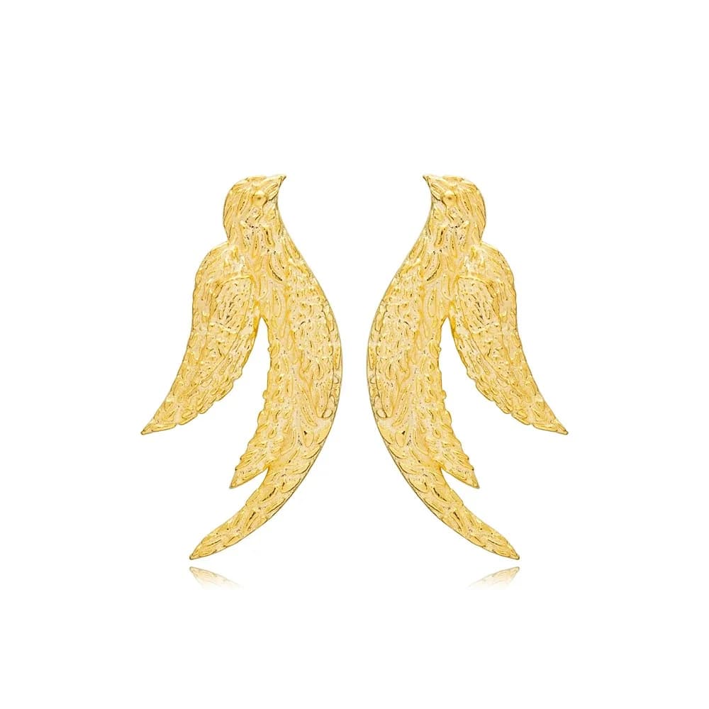 Elegant Bird Design Textured Stud Earrings Handcrafted Turkish 925 Sterling Silver Jewelry