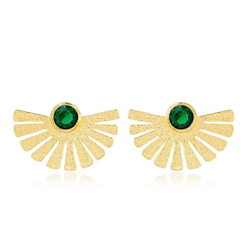 Textured Fan Design Stud Earrings Round Shape Emerald Stone Turkish Handmade 925 Sterling Silver Jewelry