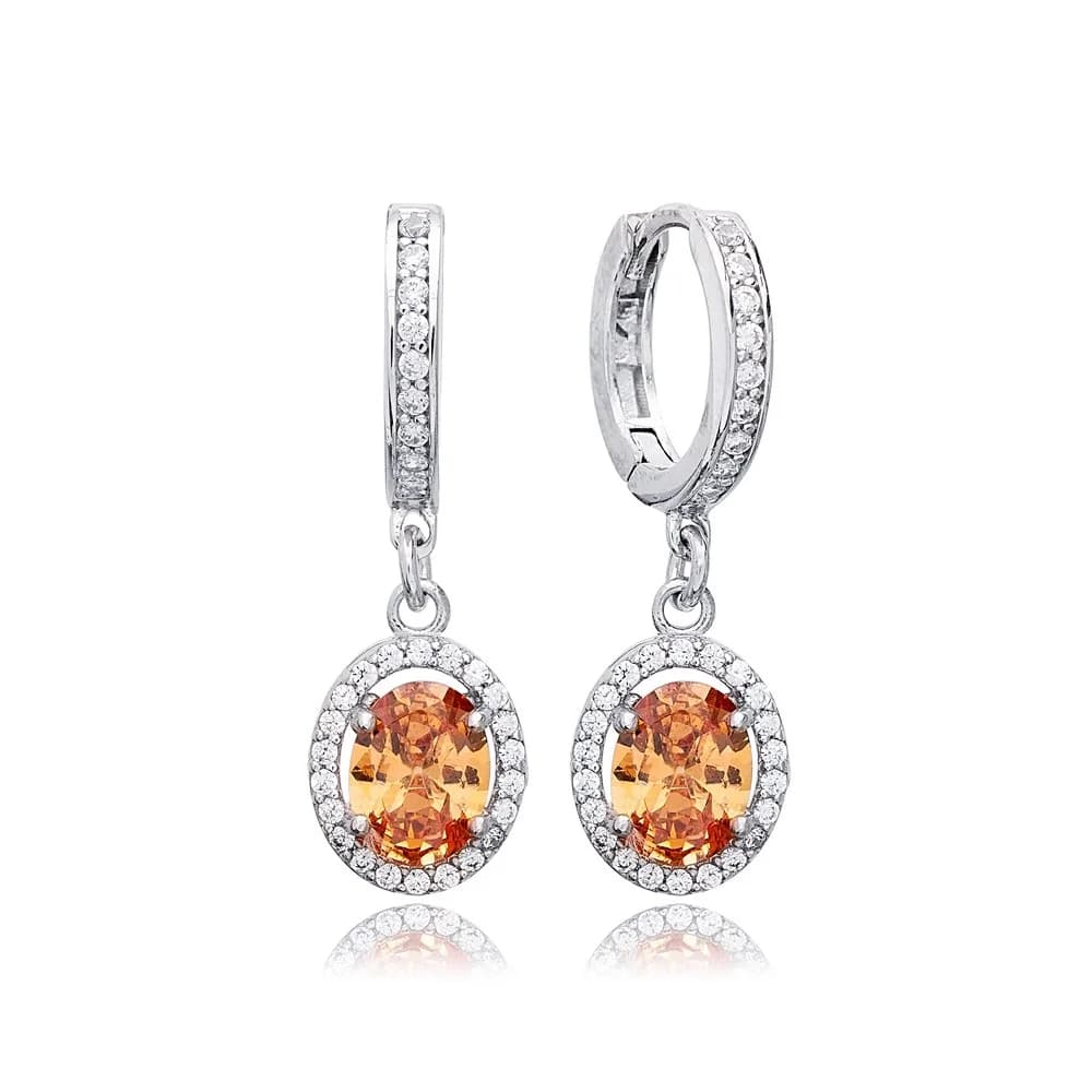 Orange Citrine Stone Geometric Style Oval Dangle Earrings Turkish Wholesale 925 Sterling Silver Jewelry