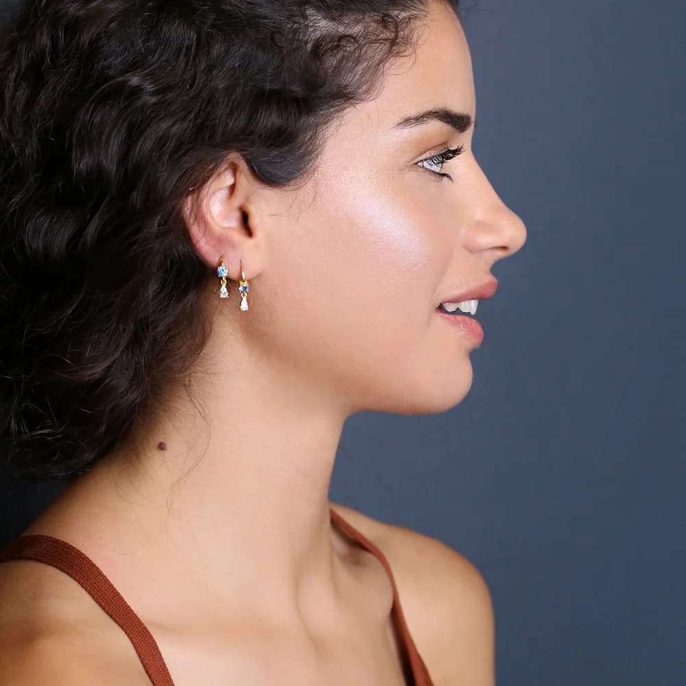 Aquamarine Zircon Stone Pear Hoop Earrings 925 Sterling Silver Handmade Women Jewelry