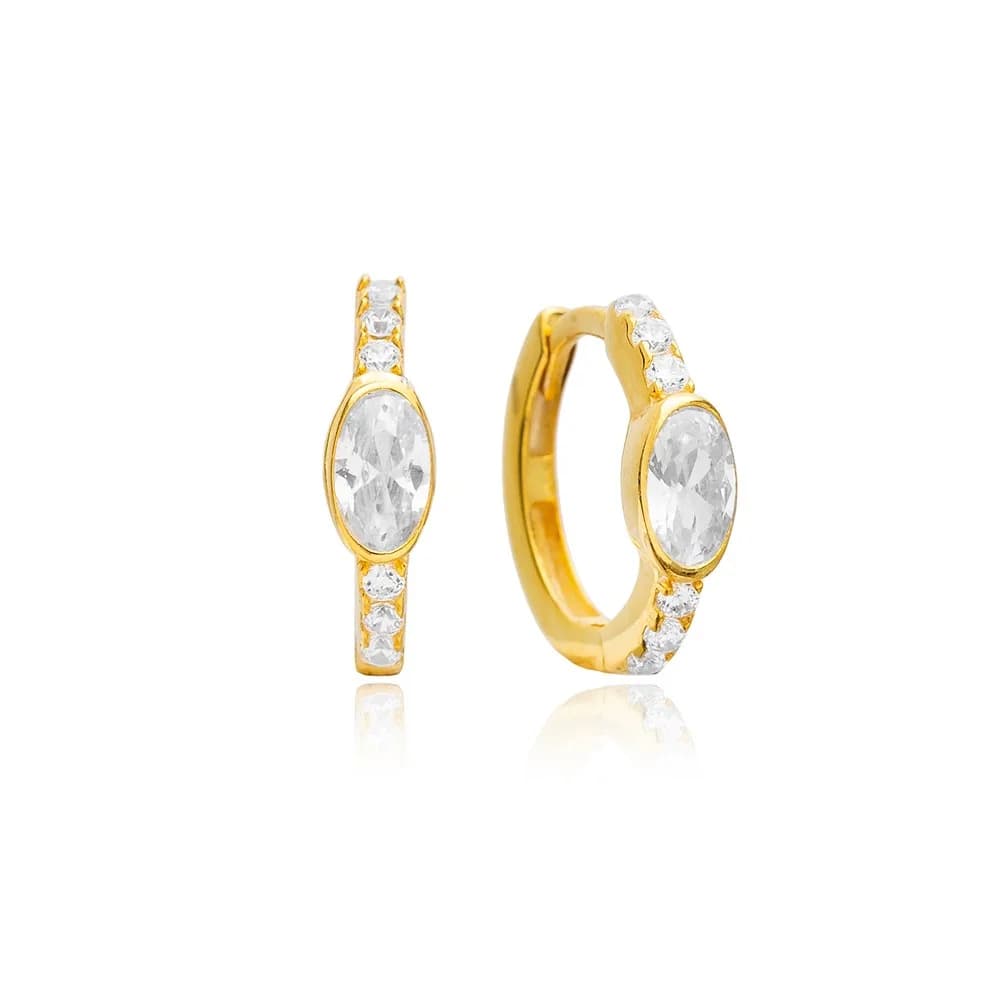 Clear CZ Stone Oval Silver Hoop Earrings