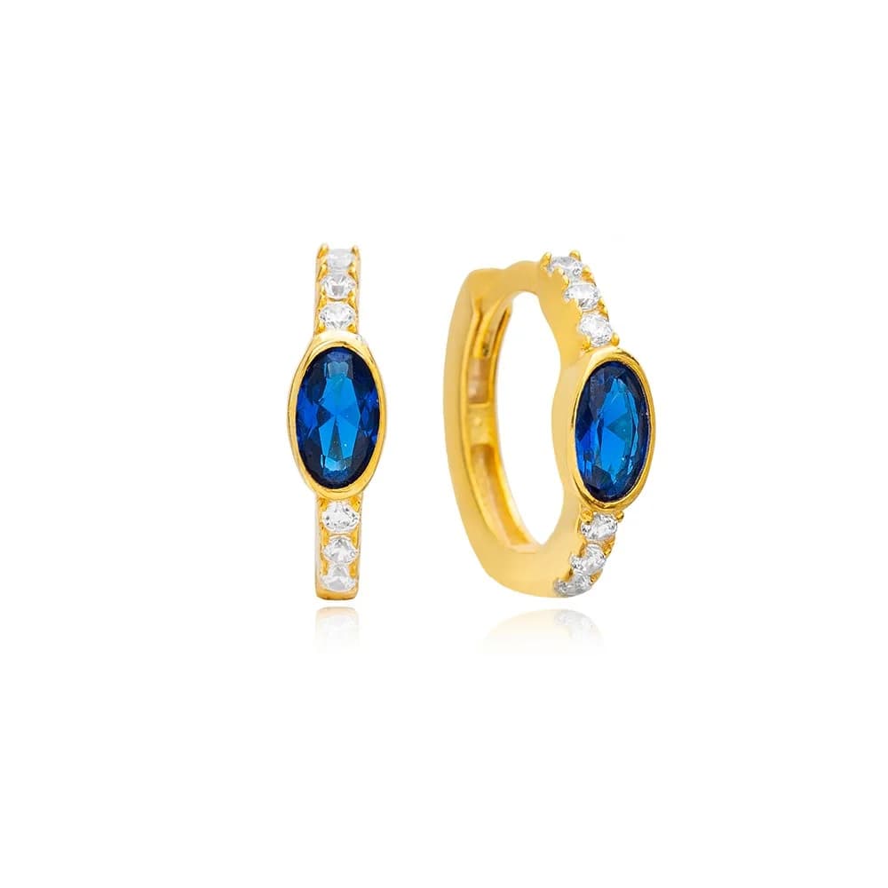 Sapphire CZ Stone Oval Silver Hoop Earrings