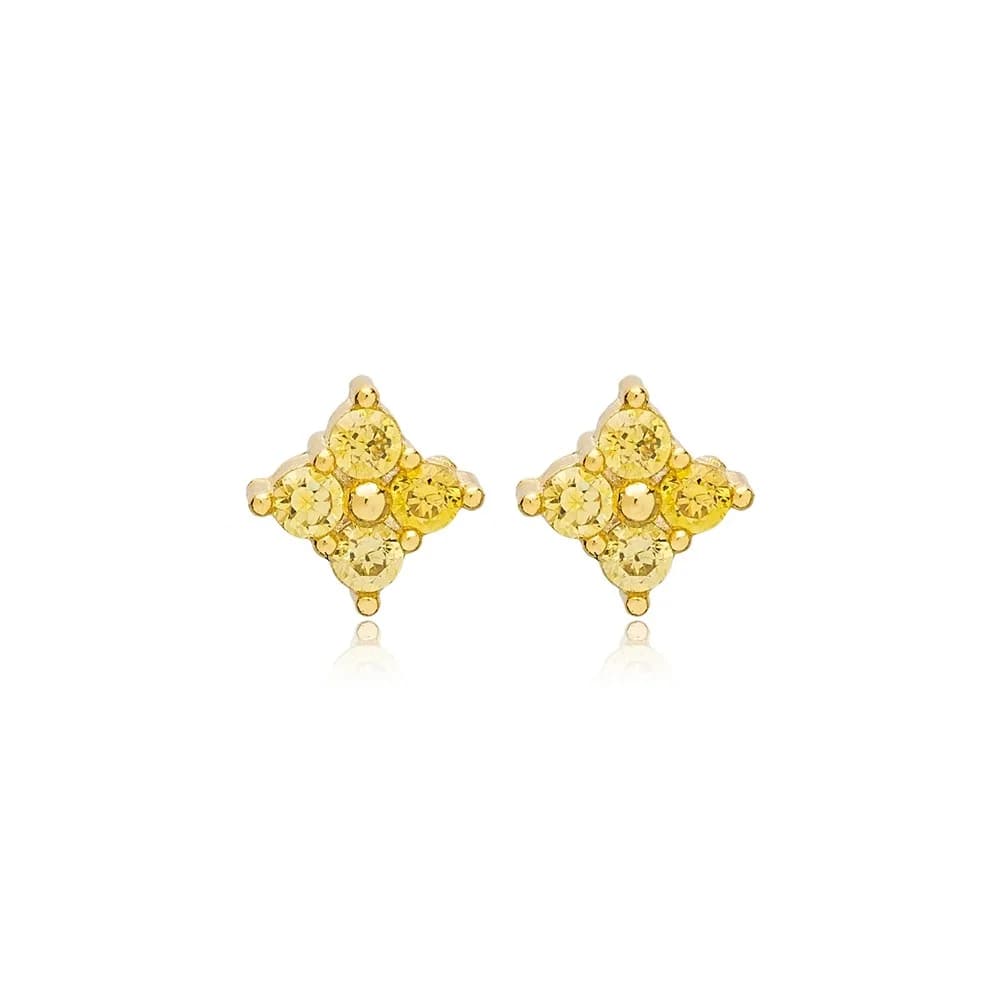 Minimalist Light Citrine Zircon Flower Design Stud Earrings Handmade 925 Sterling Silver Jewelry