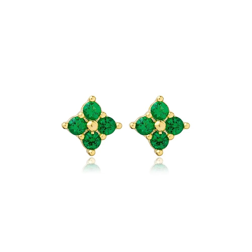 Emerald Zircon Flower Design Stud Earrings Turkish 925 Sterling Silver Jewelry