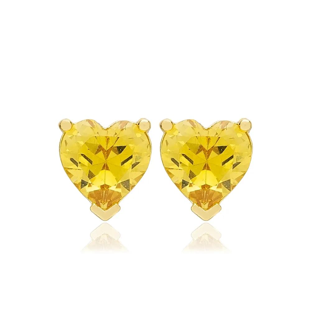 Dainty Citrine Heart Shape Stud Earrings Turkish Handmade 925 Sterling Silver Jewelry