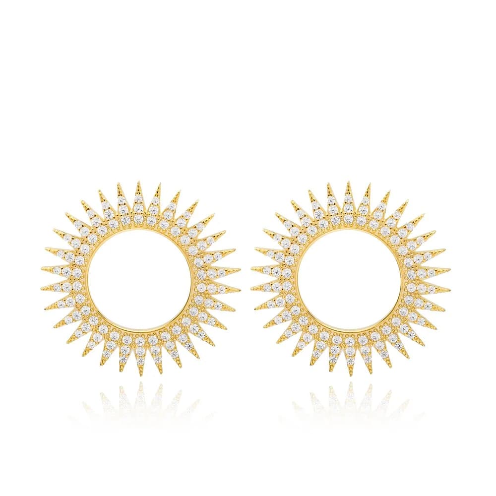 Sun Design Hollow Round Stud Earrings Turkish Handmade 925 Sterling Silver Jewelry