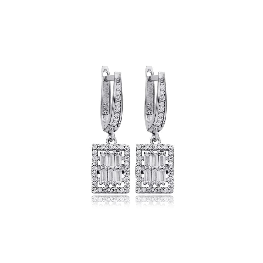Geometric Rectangle Design Clear Zircon Stone Woman Dangle Earrings 925 Sterling Silver Jewelry